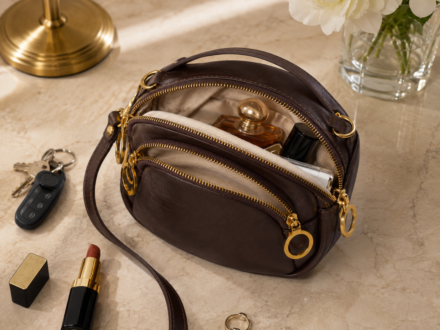 Vegetable-Tanned Leather Mini Crossbody Bag – Compact Everyday Shoulder Purse
