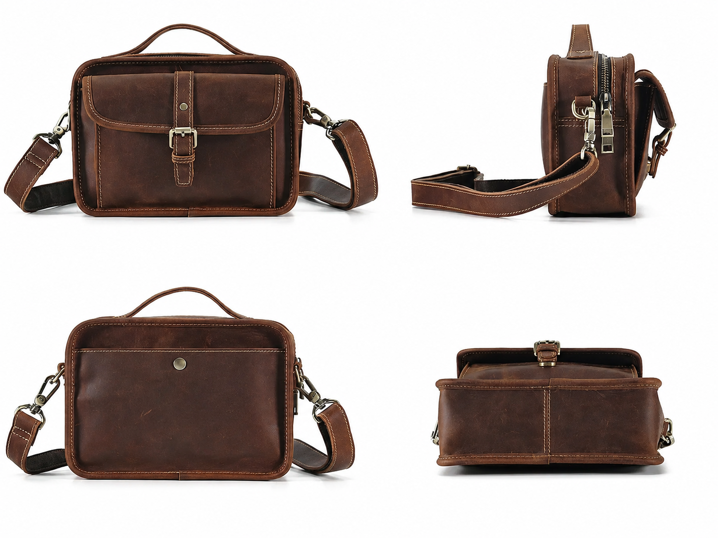 Vintage Leather Mini Crossbody Satchel – Hand-Stitched iPad Mini Shoulder Bag