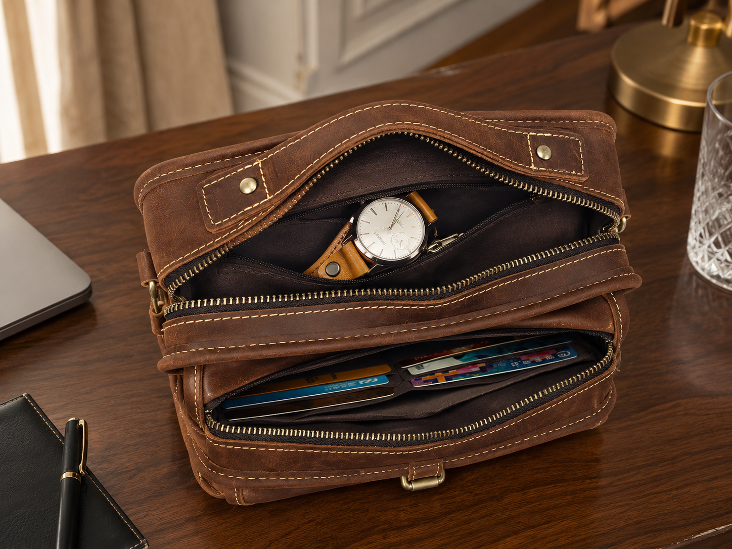 Vintage Leather Mini Crossbody Satchel – Hand-Stitched iPad Mini Shoulder Bag