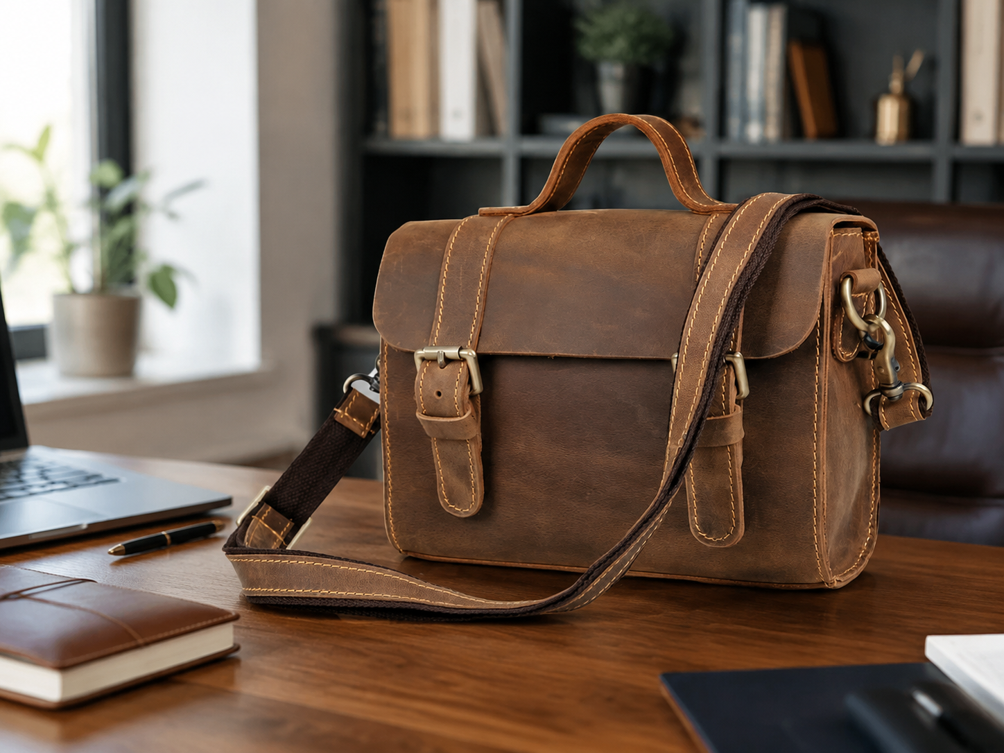 Unisex Full-Grain Leather Crossbody Satchel – iPad Mini Office & Everyday Bag