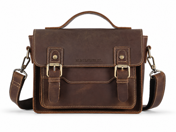 Unisex Full-Grain Leather Messenger Satchel – Small Vintage Crossbody Handbag