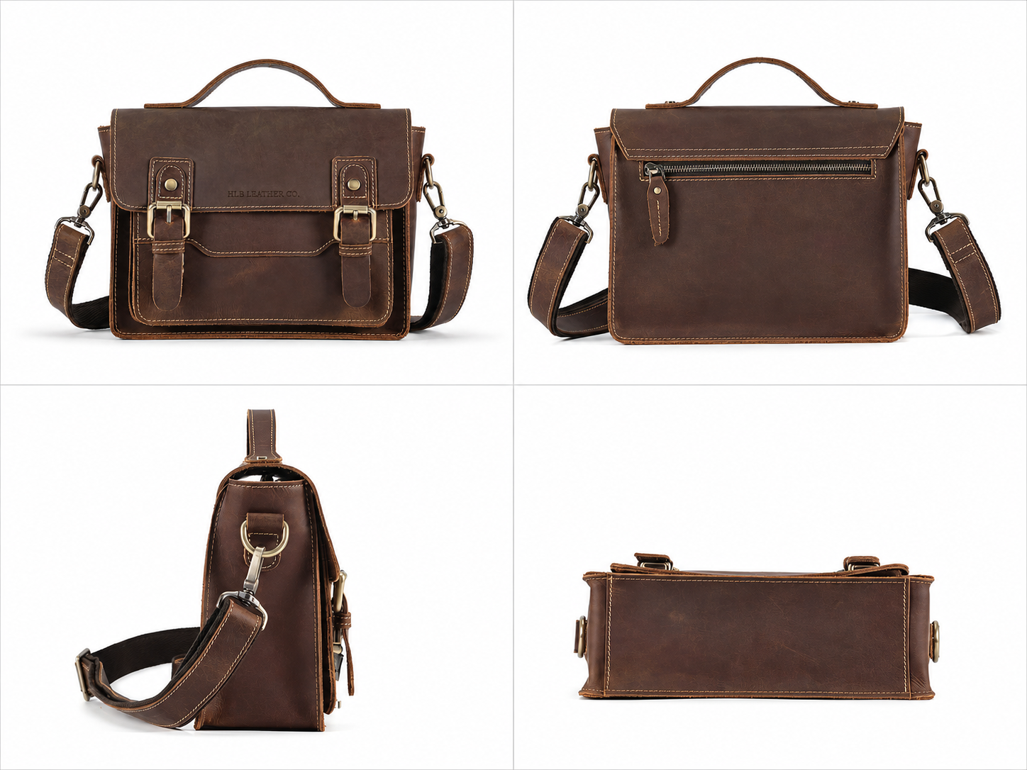 Unisex Full-Grain Leather Messenger Satchel – Small Vintage Crossbody Handbag