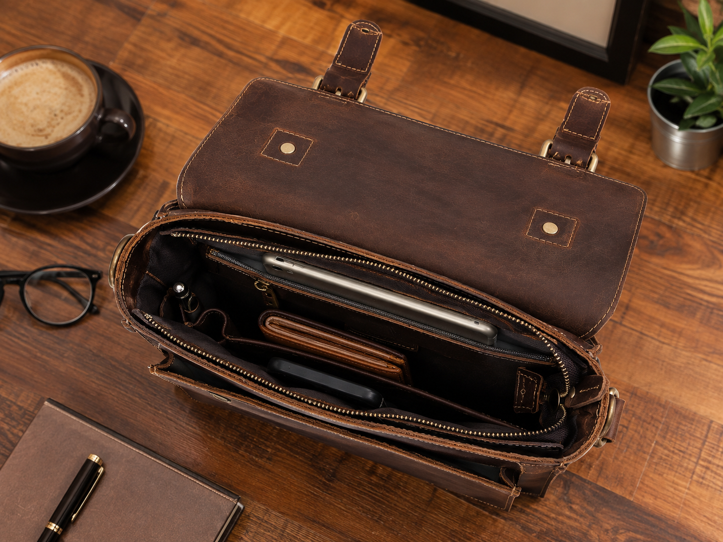 Unisex Full-Grain Leather Messenger Satchel – Small Vintage Crossbody Handbag