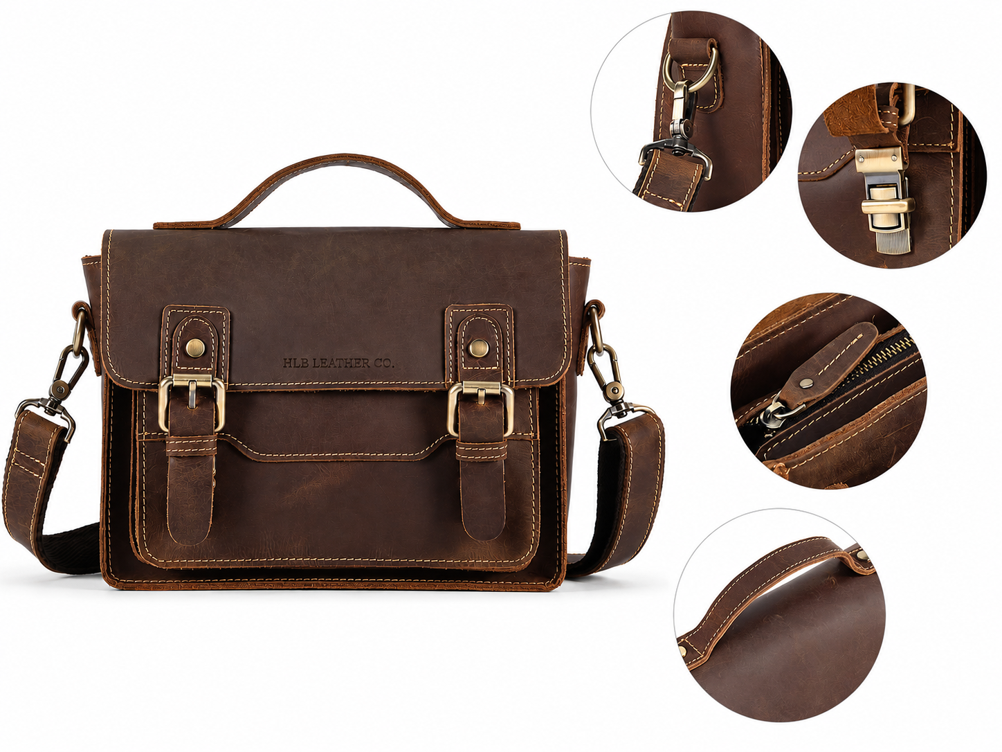 Unisex Full-Grain Leather Messenger Satchel – Small Vintage Crossbody Handbag