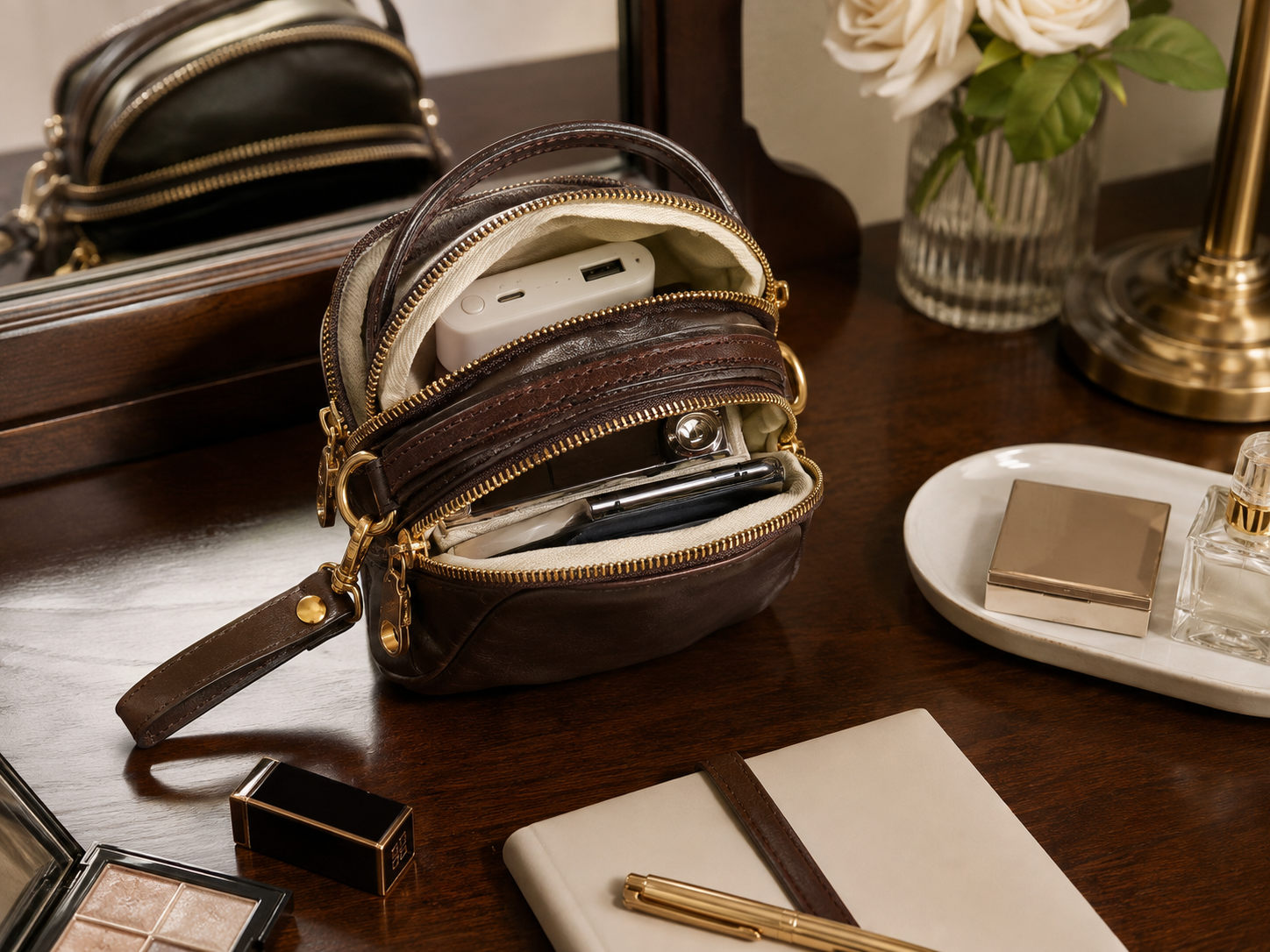 Soft Vegetable-Tanned Leather Crossbody Bag – Multi-Compartment Everyday Purse