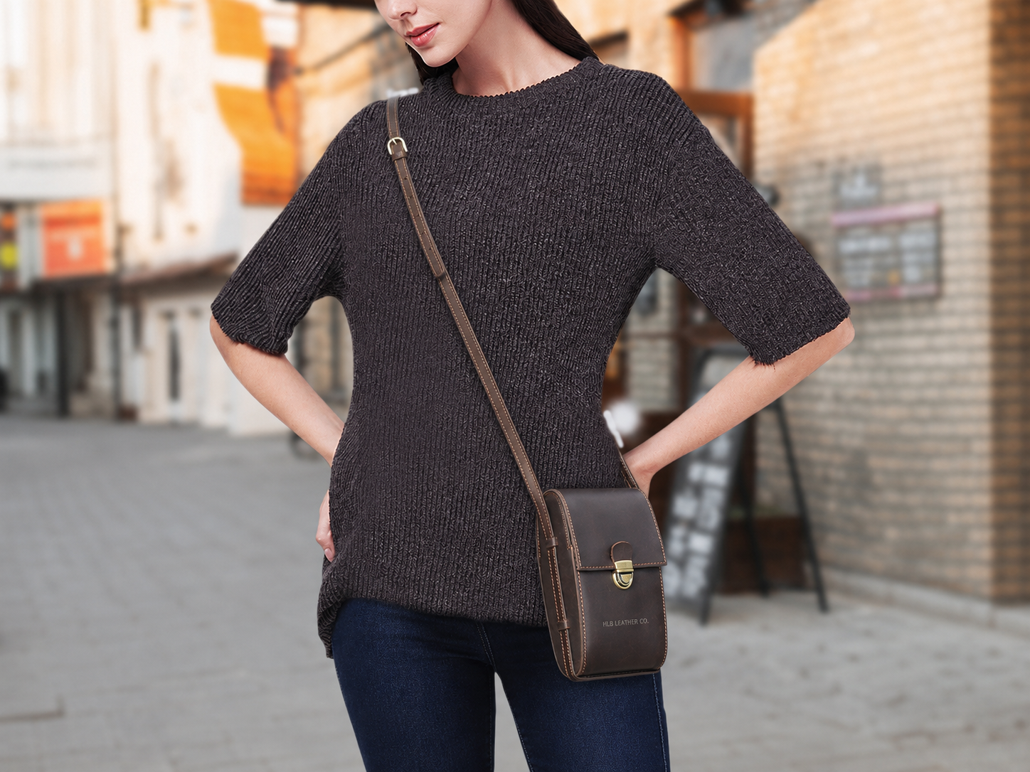Women's Mini Full-Grain Leather Crossbody Phone Bag – Buckle Shoulder Purse for 6.7" Phones
