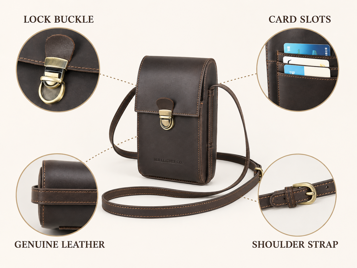 Women's Mini Full-Grain Leather Crossbody Phone Bag – Buckle Shoulder Purse for 6.7" Phones