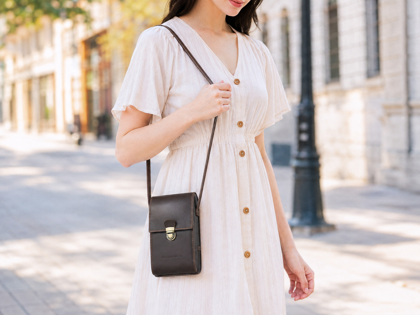 Women's Mini Full-Grain Leather Crossbody Phone Bag – Buckle Shoulder Purse for 6.7" Phones