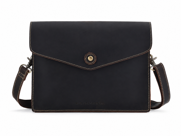 Dark Brown Full-Grain Leather Crossbody Satchel – Envelope Clutch & iPad Mini Bag