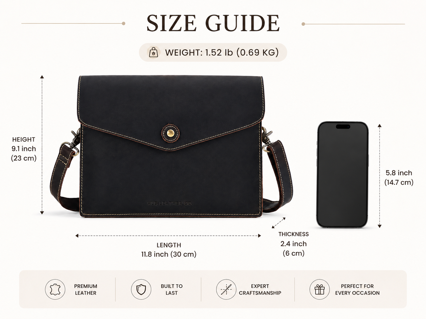 Dark Brown Full-Grain Leather Crossbody Satchel – Envelope Clutch & iPad Mini Bag