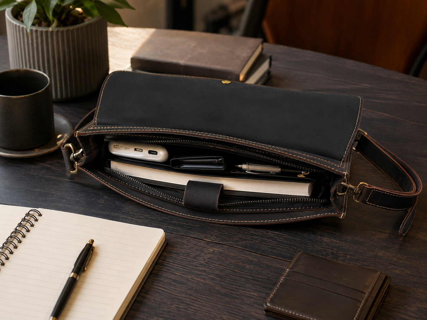 Dark Brown Full-Grain Leather Crossbody Satchel – Envelope Clutch & iPad Mini Bag