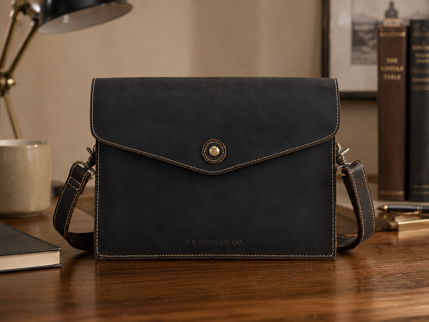 Dark Brown Full-Grain Leather Crossbody Satchel – Envelope Clutch & iPad Mini Bag