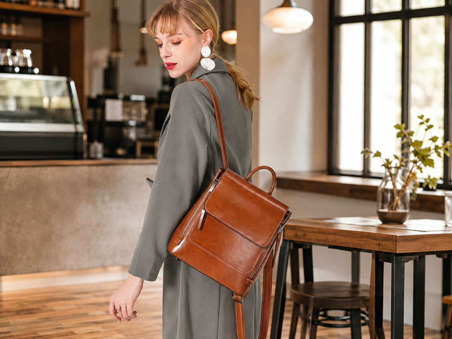 Top Grain Leather Women Backpack Retro Style Leather Rucksack Leather Shoulder Bag