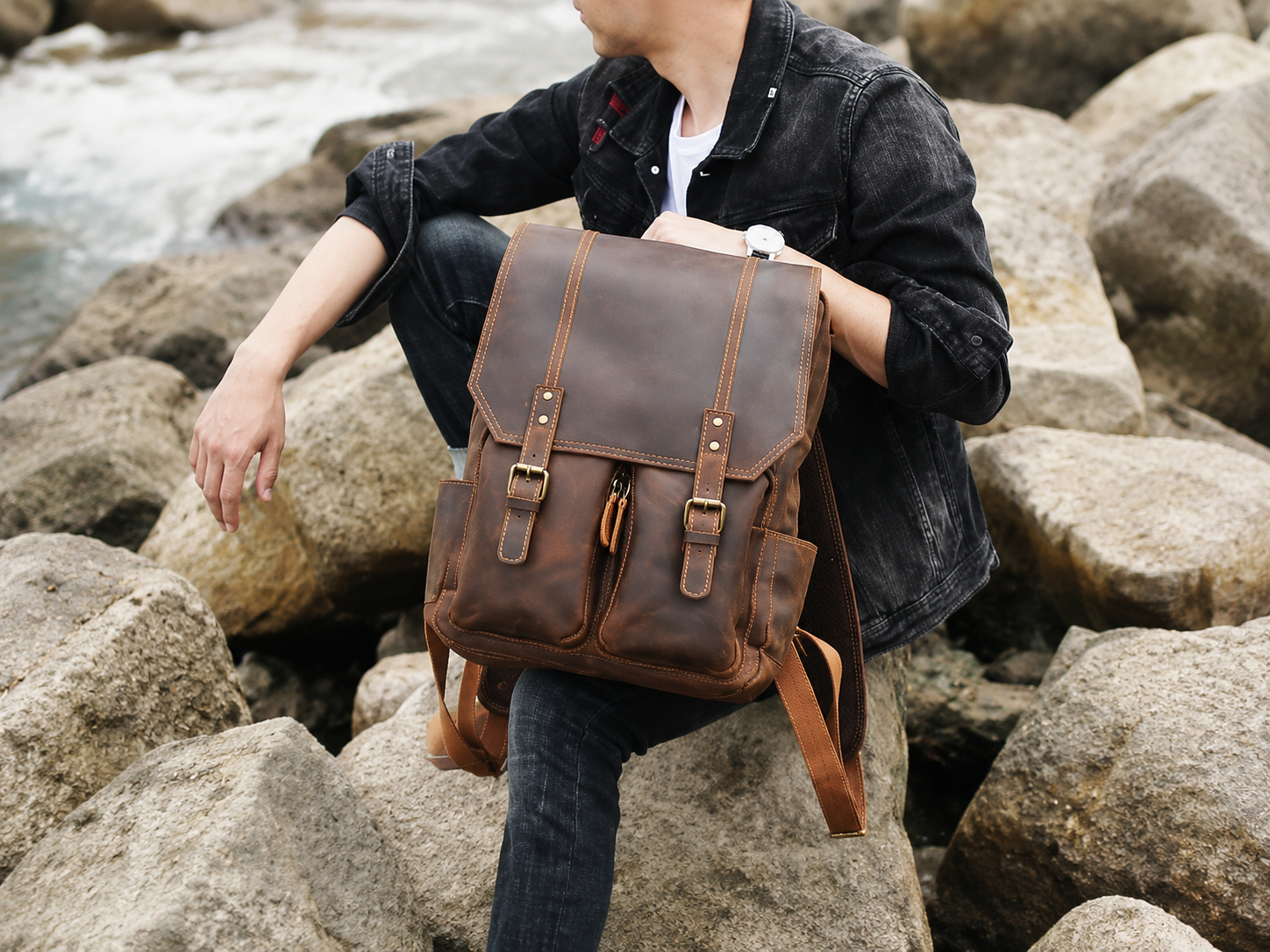 ROCKCOW Handmade Leather Travel Backpack, Designer Backpack, School Backpack