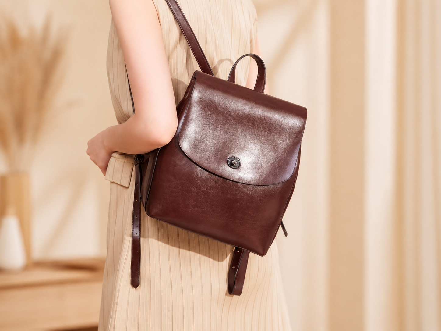 Women's Top Grain Leather Backpack, Simple Style City Backpack, Natural Cowhide Leather Rucksack