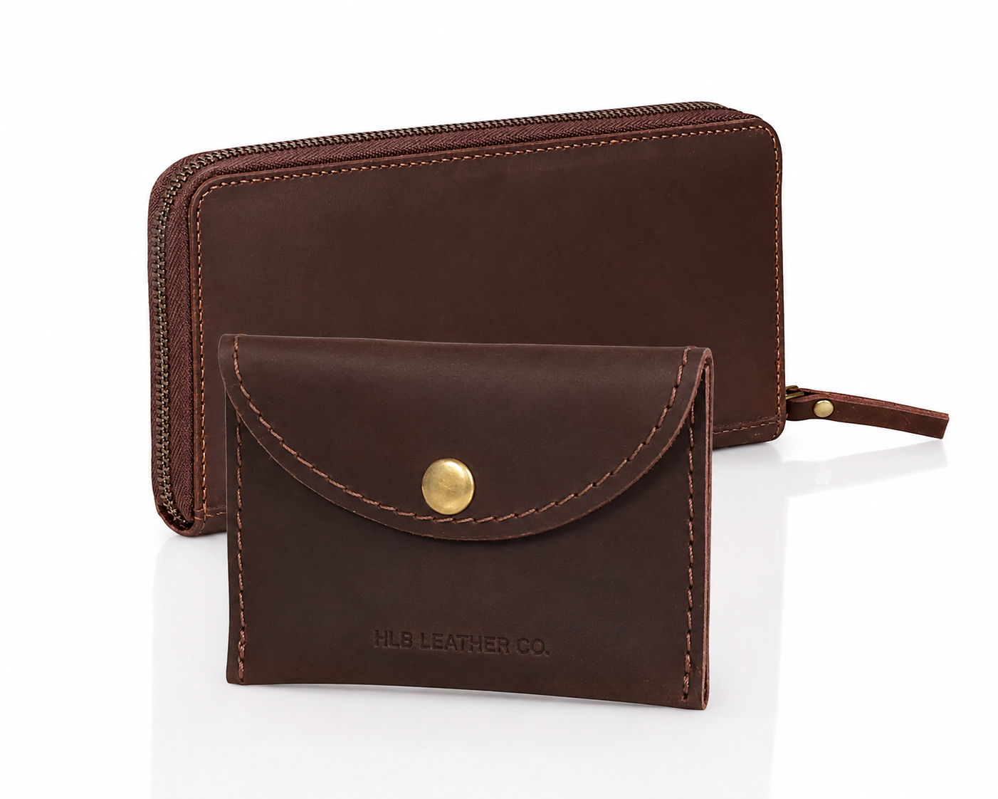 Brown Full-Grain Leather Wallet & Coin Purse Set – Card, Cash & Coin Organizer