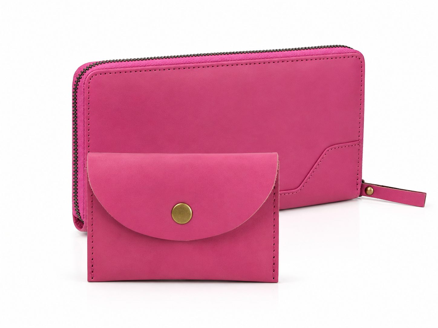 Pink Full-Grain Leather Wallet & Coin Purse Set – Card, Cash & Coin Organizer