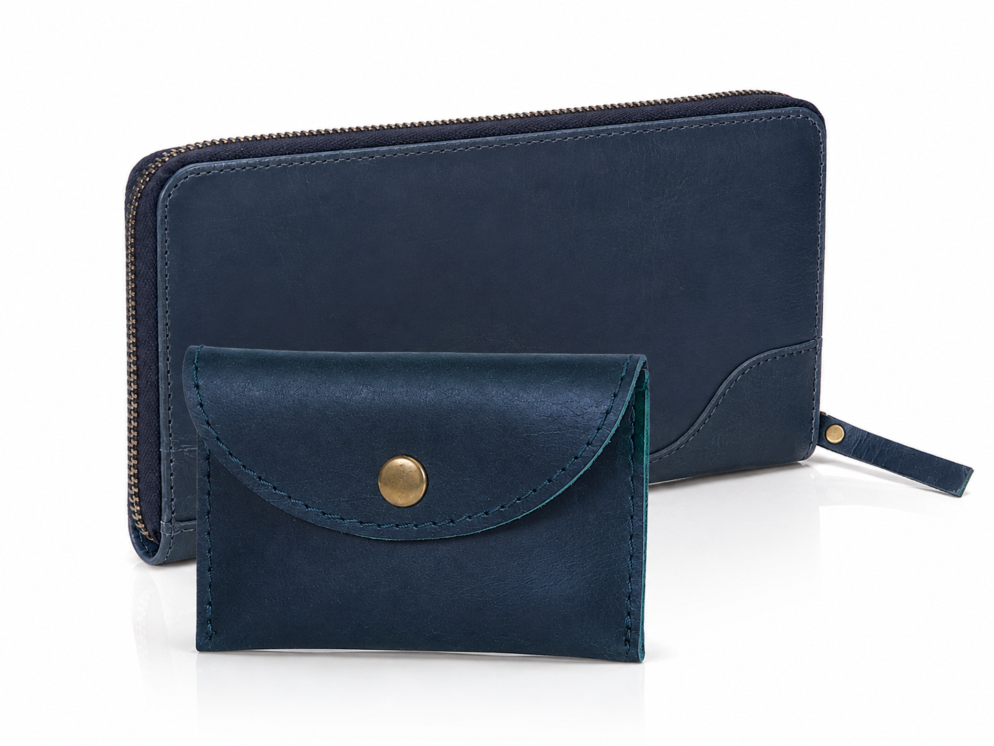 Navy Full-Grain Leather Wallet & Coin Purse Set – Card, Cash & Coin Organizer