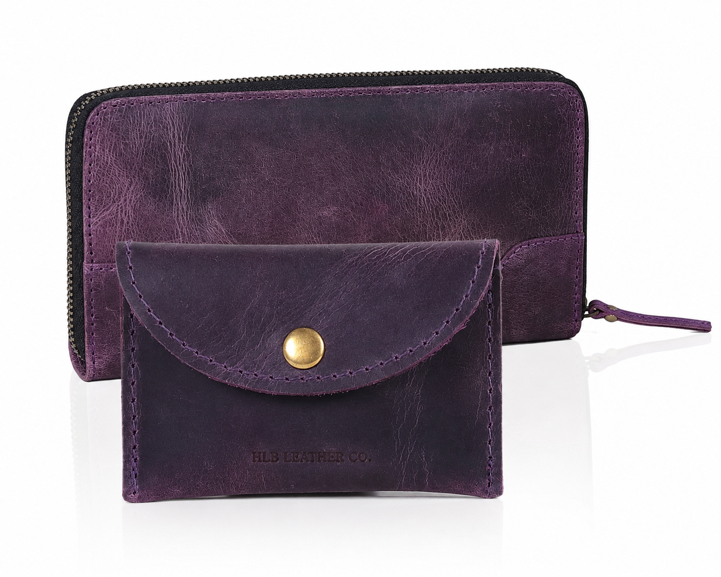 Purple Full-Grain Leather Wallet & Coin Purse Set – Card, Cash & Coin Organizer