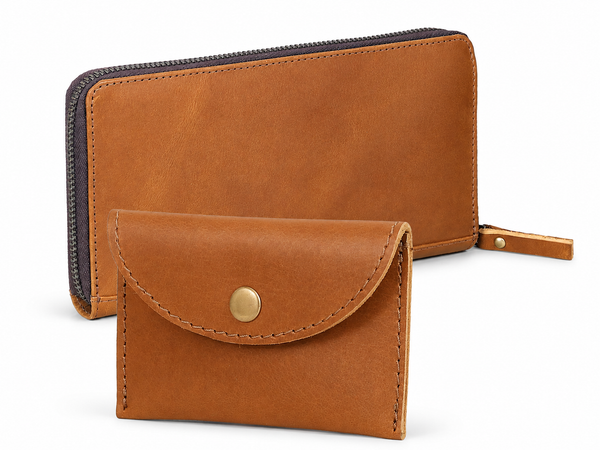 Tan Full-Grain Leather Wallet & Coin Purse Set – Card, Cash & Coin Organizer