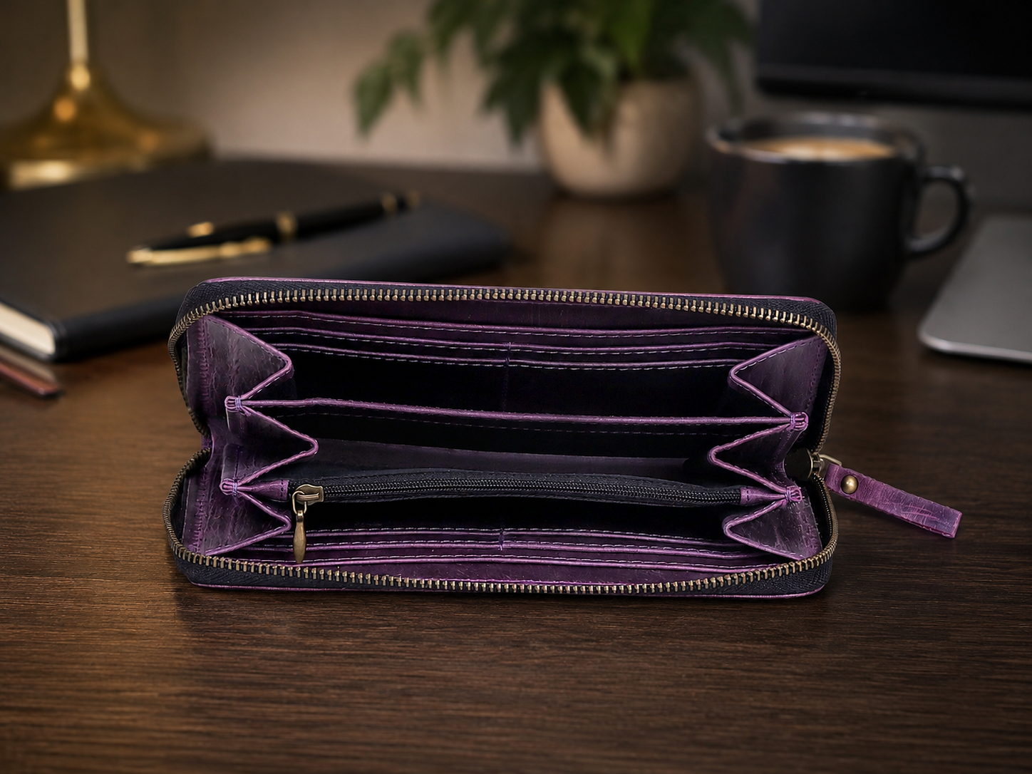 Seine Purple Full-Grain Leather Wallet – Card, Cash & Coin Organizer