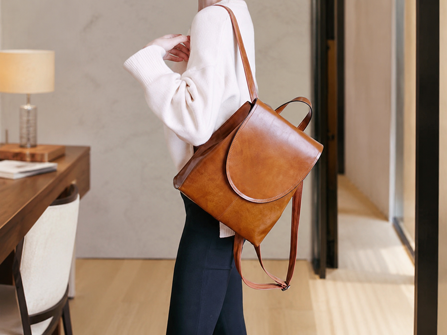 Top Grain Leather Backpack Women, City Backpack, Natural Cowhide Leather Travel Backpack