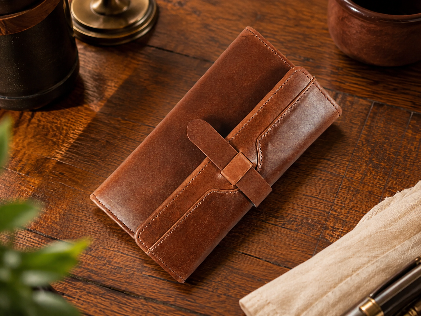 Mesa Brown Hand-Tooled Leather Clutch – Full-Grain Handmade Wallet
