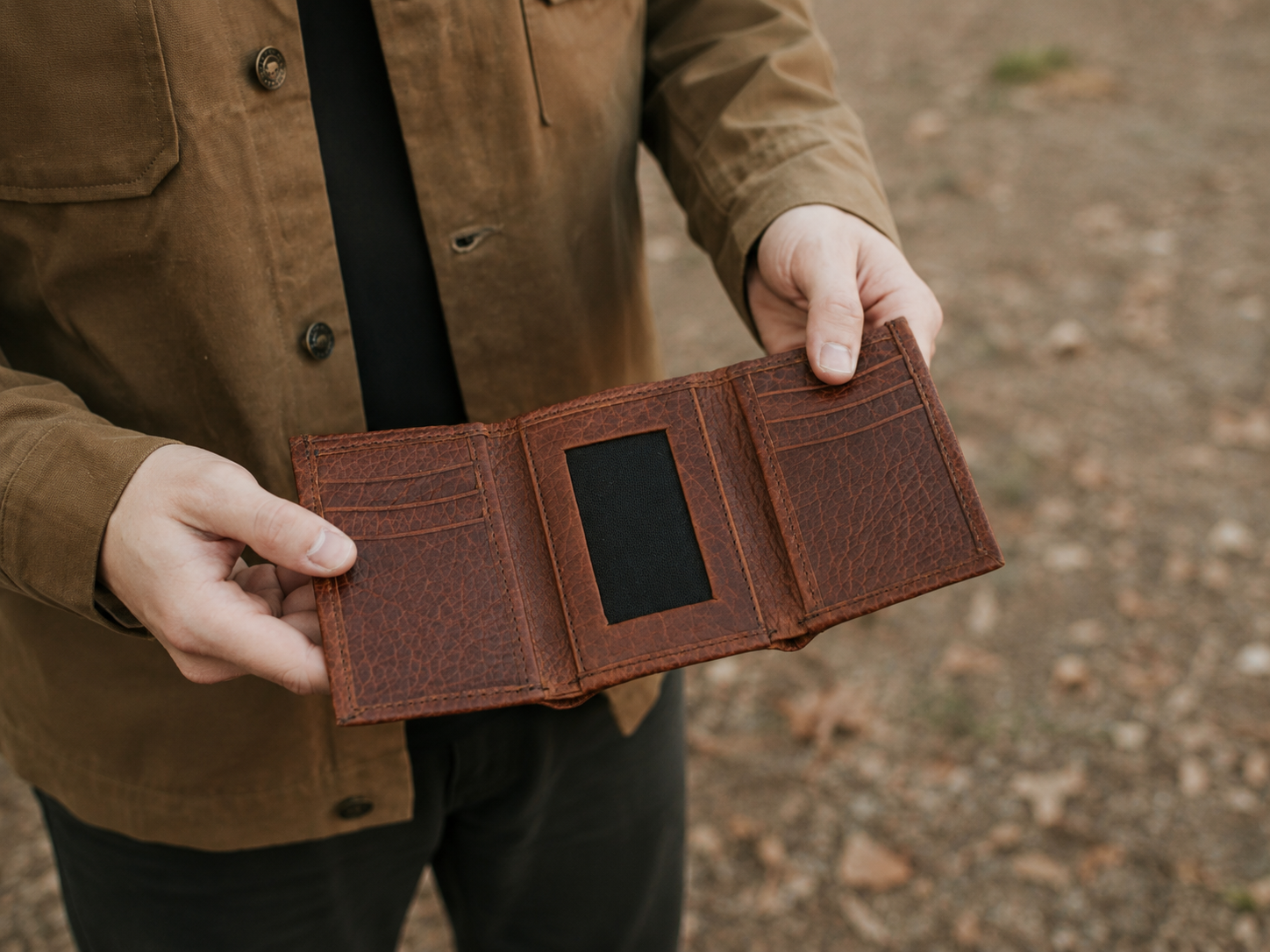Ryder Brown Bison Leather Trifold Wallet – ID Window & Card Organizer