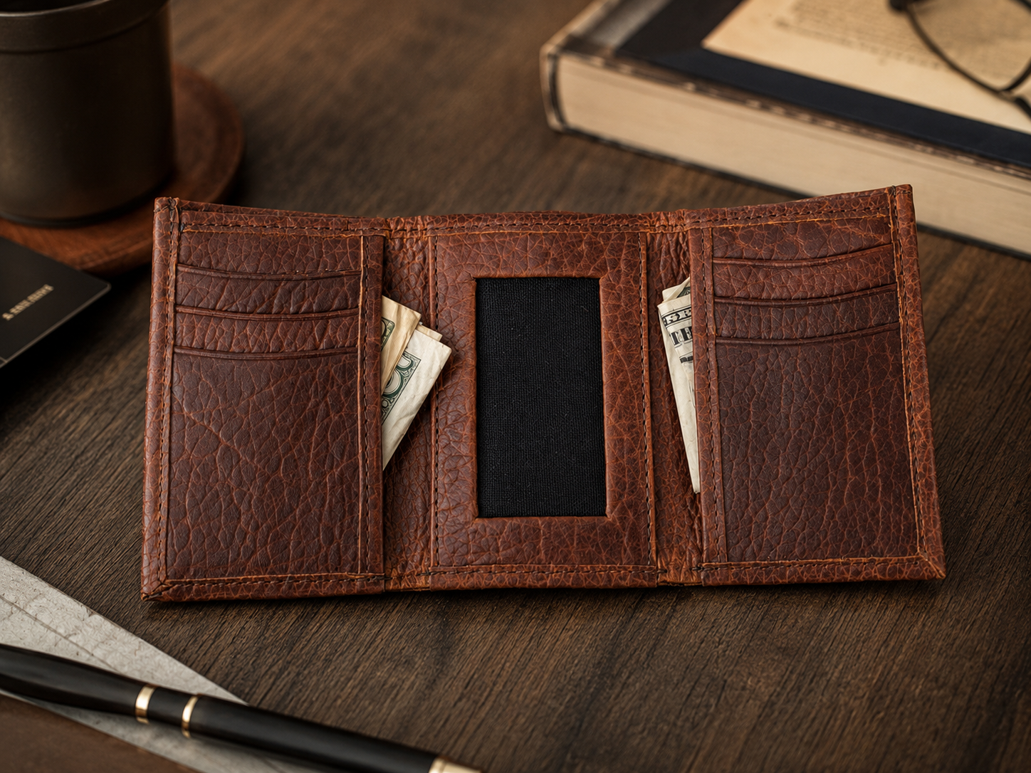Ryder Brown Bison Leather Trifold Wallet – ID Window & Card Organizer