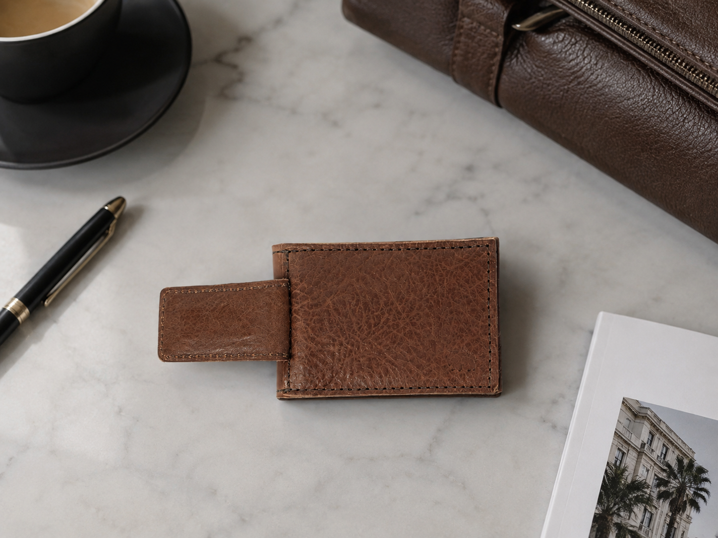 Dakota Chestnut Leather Money Clip Wallet – Slim Magnetic Bifold