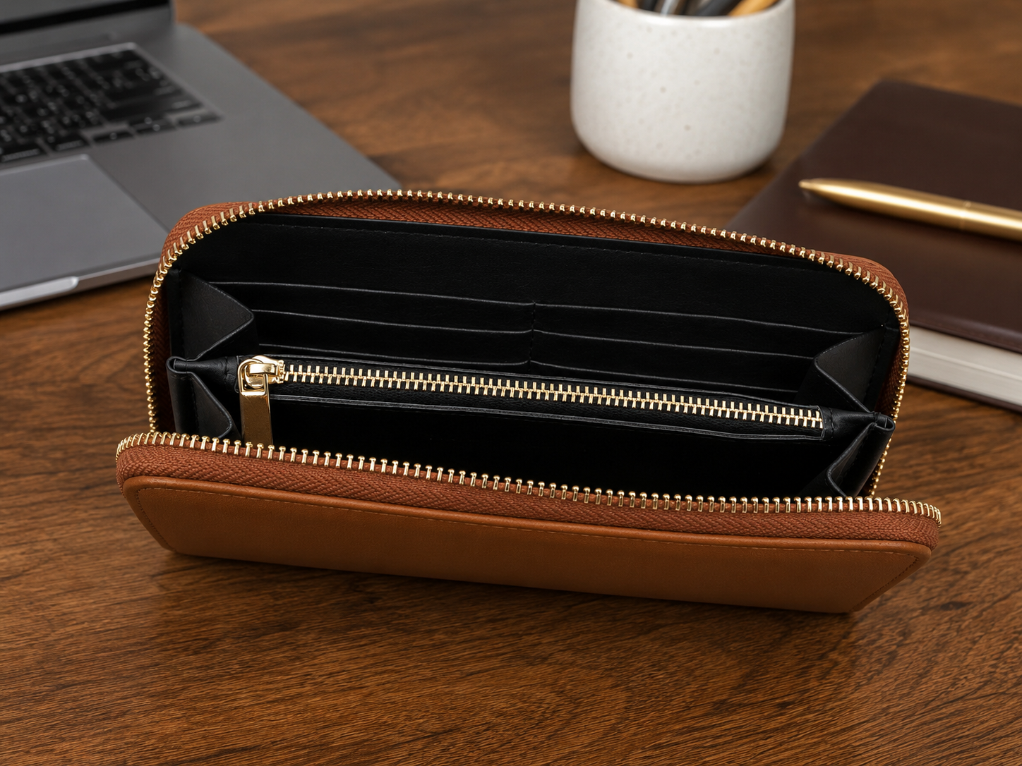 Ilizia Smooth Leather Zip Wallet – 8-Card, Coin & Cash Organizer