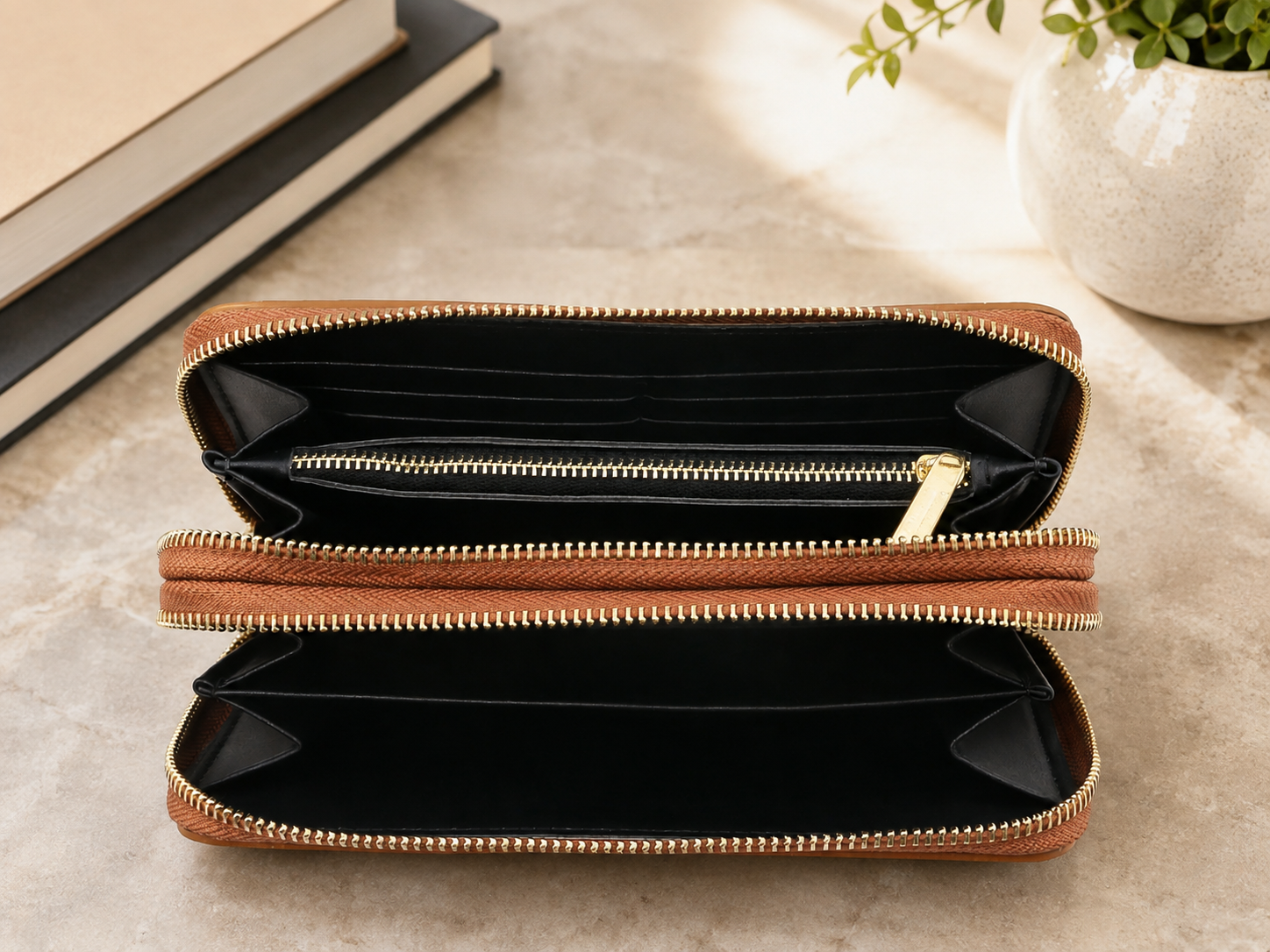 Gaia Smooth Leather Double Zip Wallet – 8-Card, Coin & Cash Organizer
