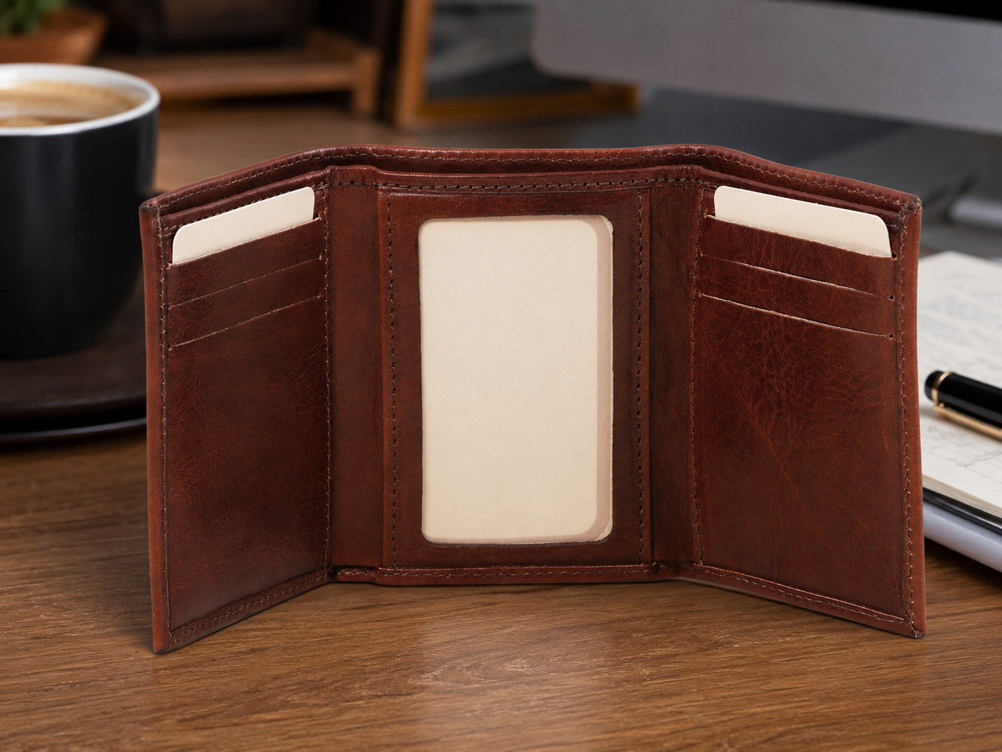 Trua Full-Grain Leather Vertical Trifold Wallet – Card, ID & Cash Organizer