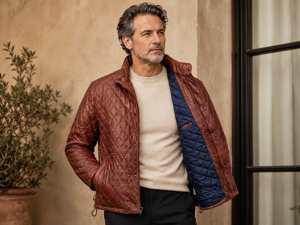 Men’s Quilted Full-Grain Sheepskin Leather Jacket – Whiskey Brown