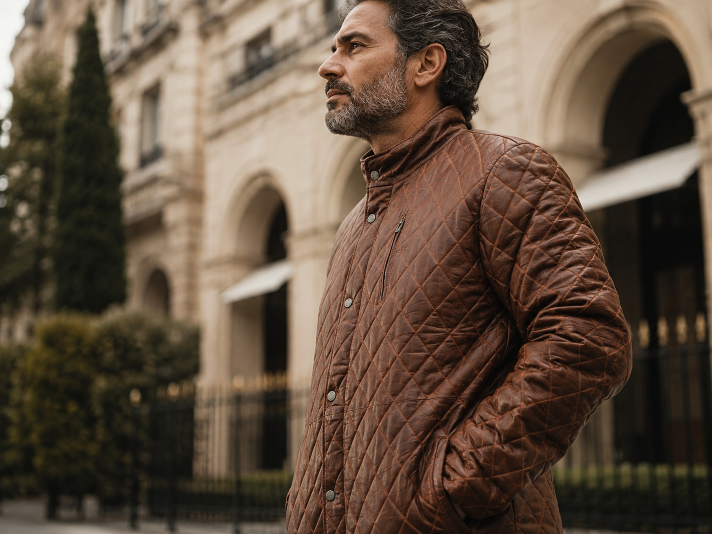 Men’s Quilted Full-Grain Sheepskin Leather Jacket – Whiskey Brown