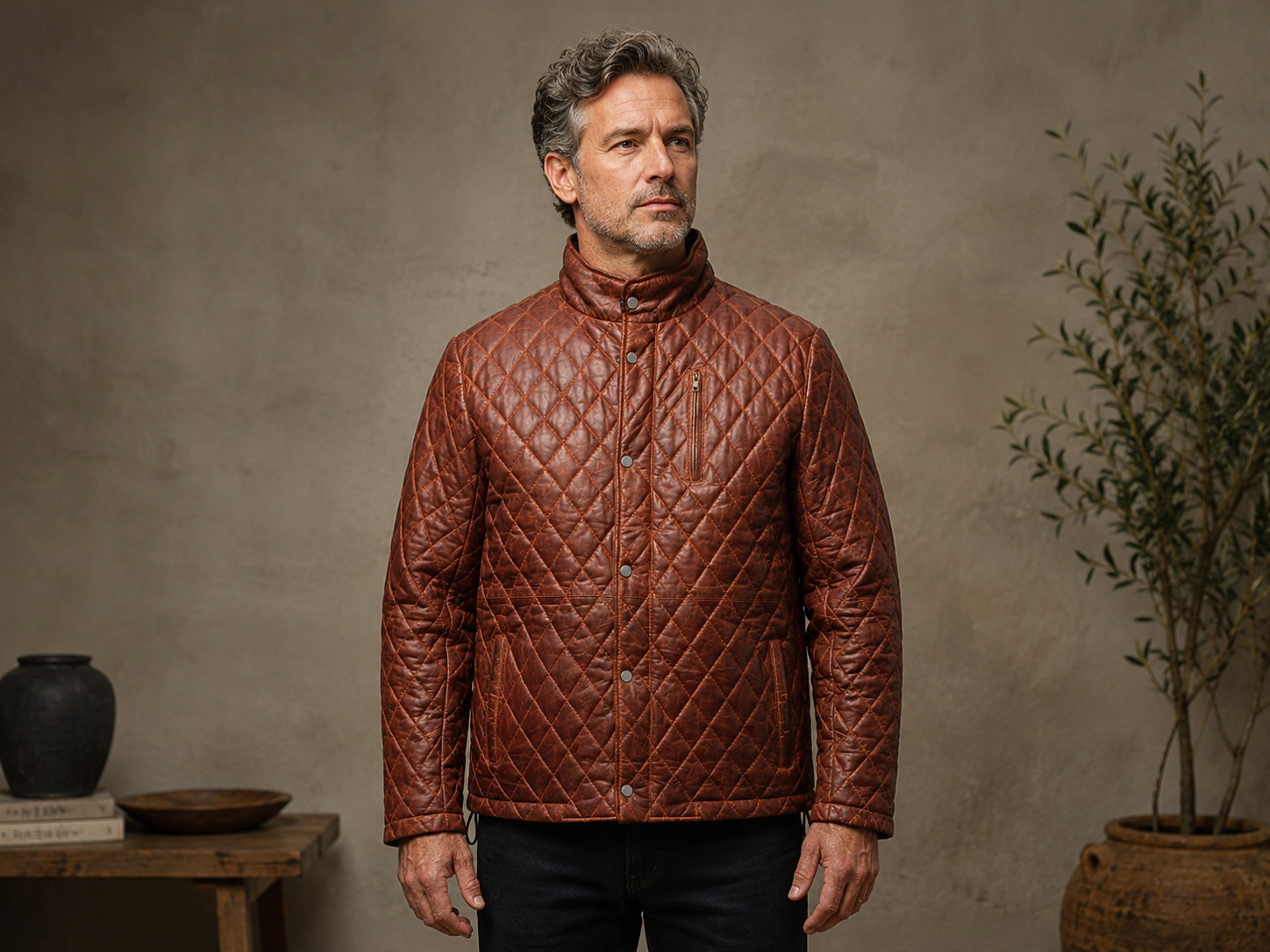 Men’s Quilted Full-Grain Sheepskin Leather Jacket – Whiskey Brown