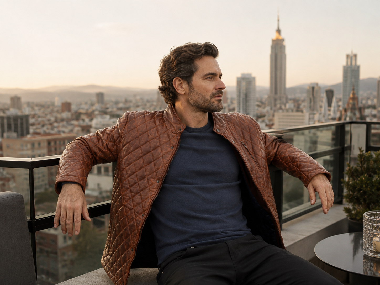 Men’s Quilted Full-Grain Sheepskin Leather Jacket – Whiskey Brown