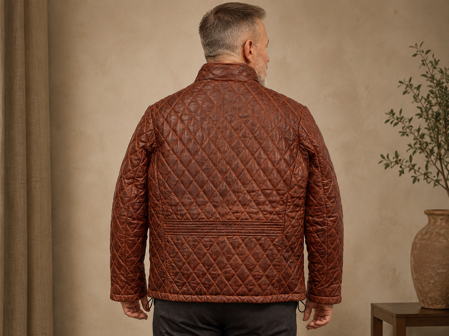 Men’s Quilted Full-Grain Sheepskin Leather Jacket – Whiskey Brown