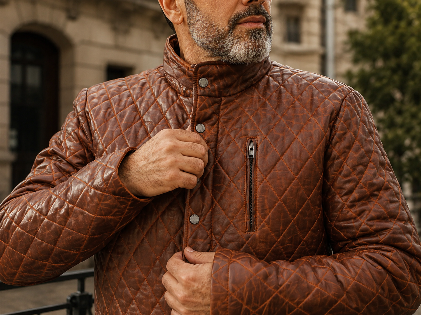 Men’s Quilted Full-Grain Sheepskin Leather Jacket – Whiskey Brown