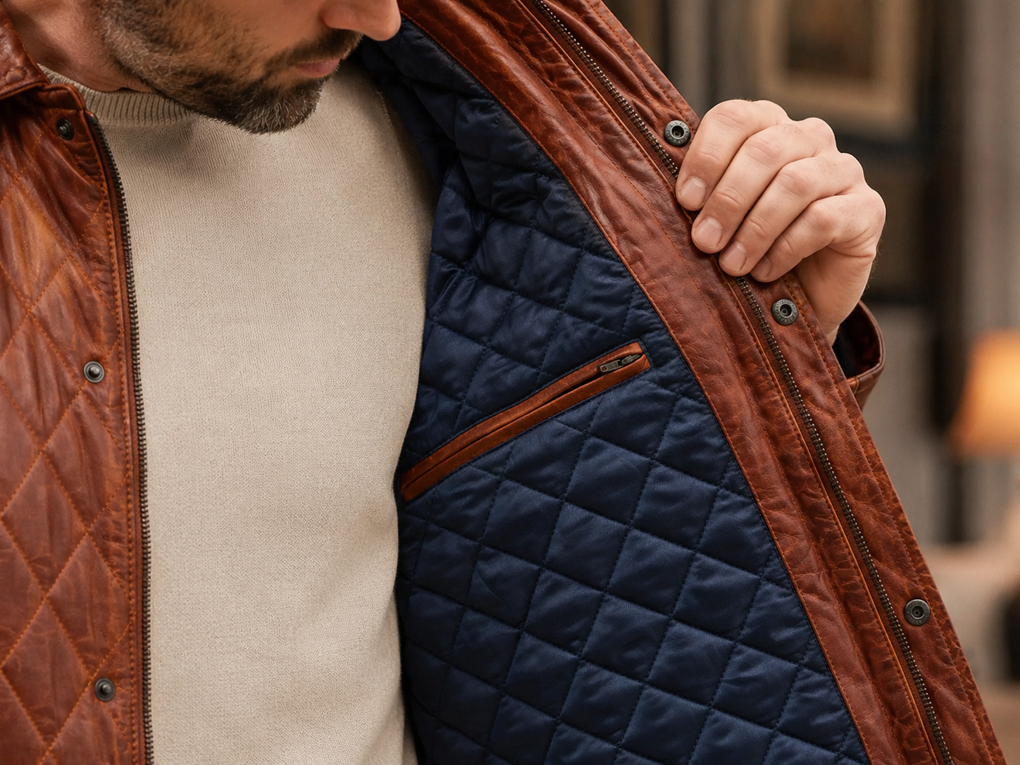Men’s Quilted Full-Grain Sheepskin Leather Jacket – Whiskey Brown