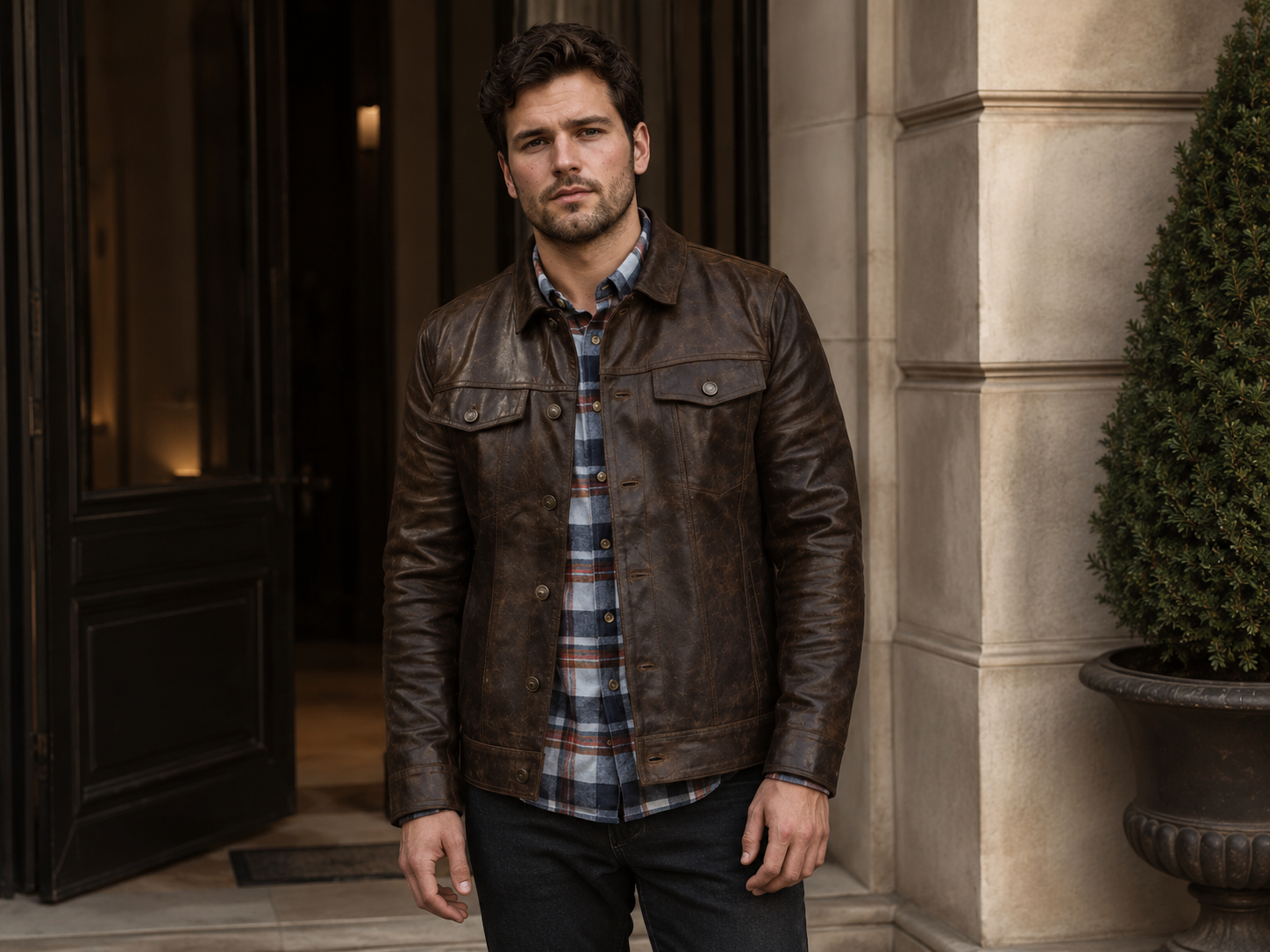 Men’s Full-Grain Goat Leather Trucker Jacket – Brown