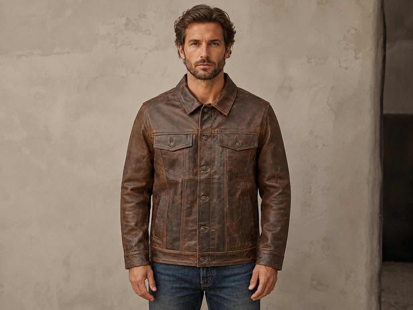 Men’s Full-Grain Goat Leather Trucker Jacket – Brown
