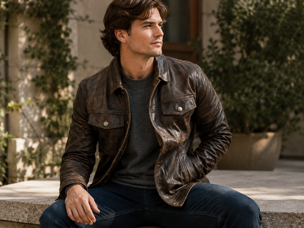 Men’s Full-Grain Goat Leather Trucker Jacket – Brown