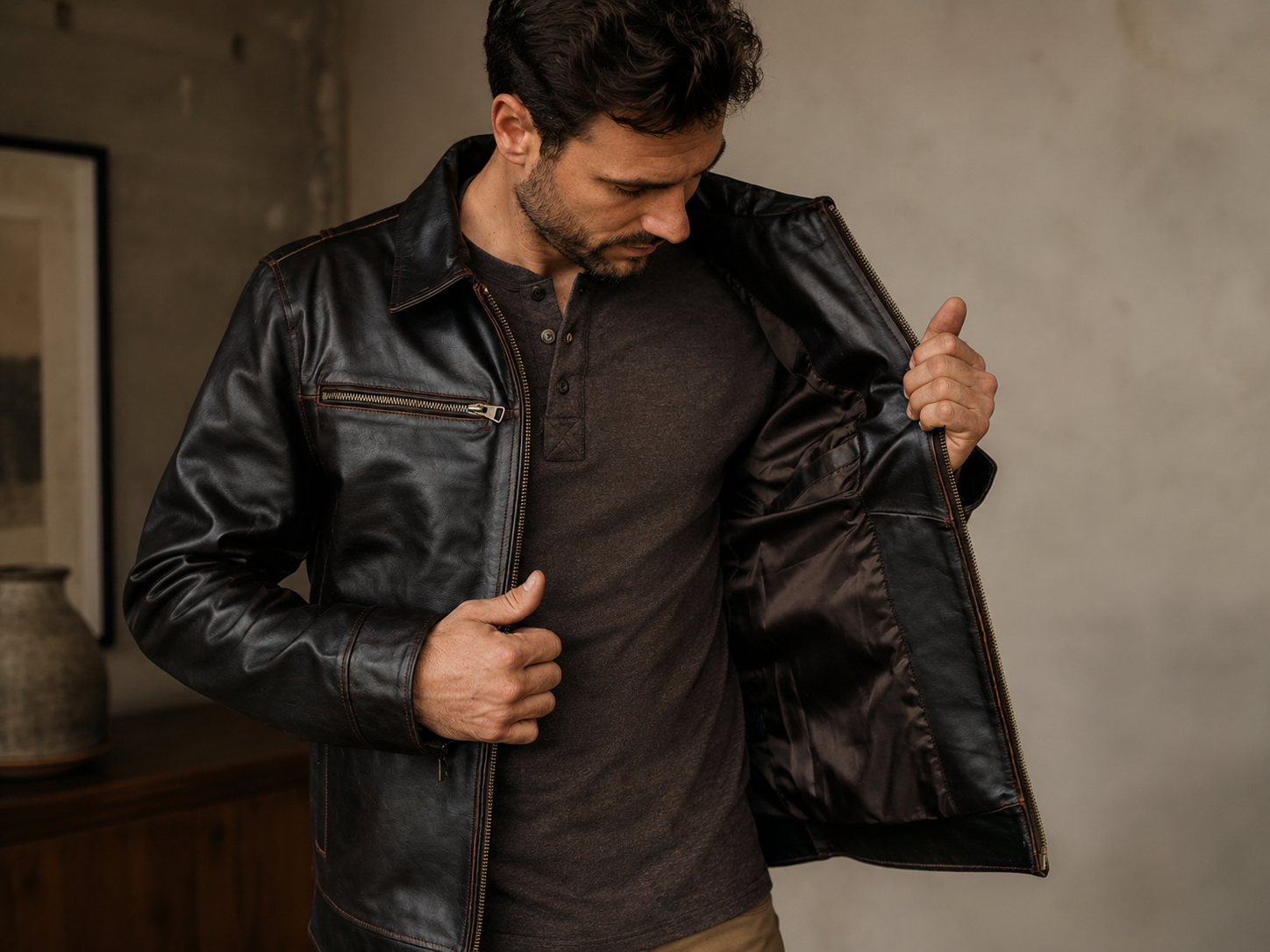 Men’s Full-Grain Cowhide Leather Flight Jacket – Brown