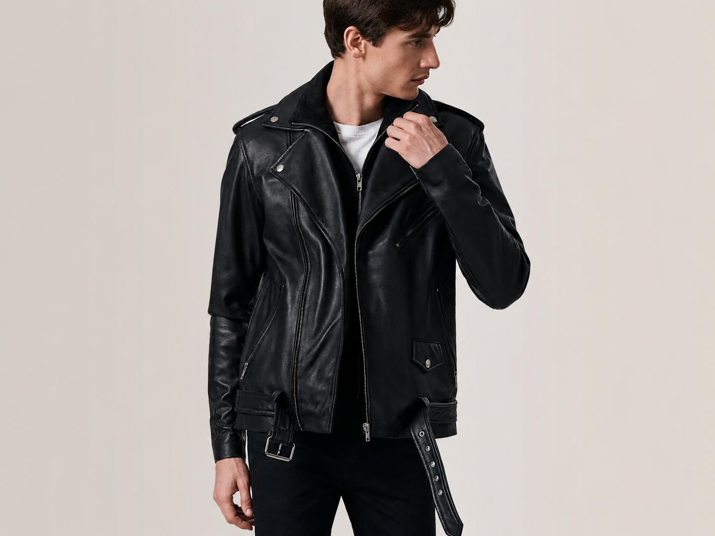 Men’s Black Sheepskin Leather Double Rider Jacket