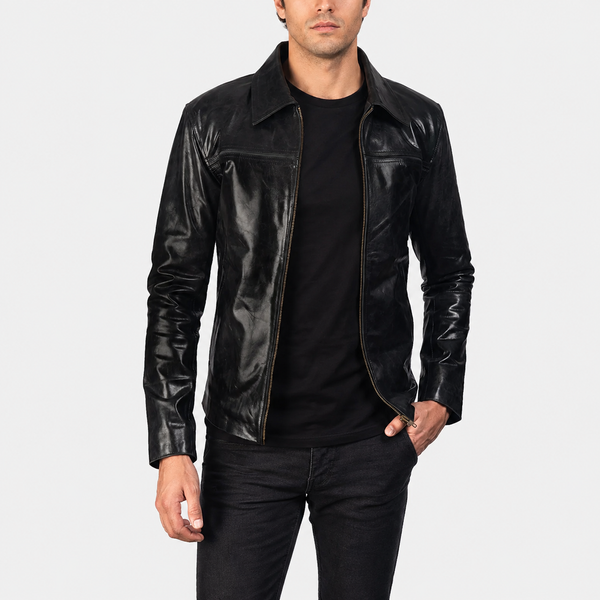 Men’s Black Cowhide Leather Jacket with Shirt Collar