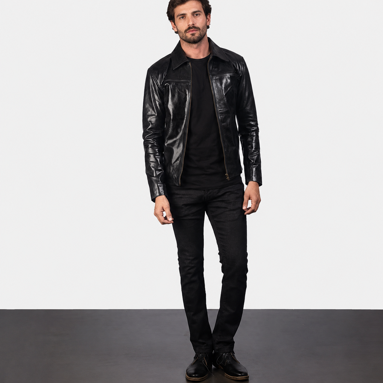 Men’s Black Cowhide Leather Jacket with Shirt Collar