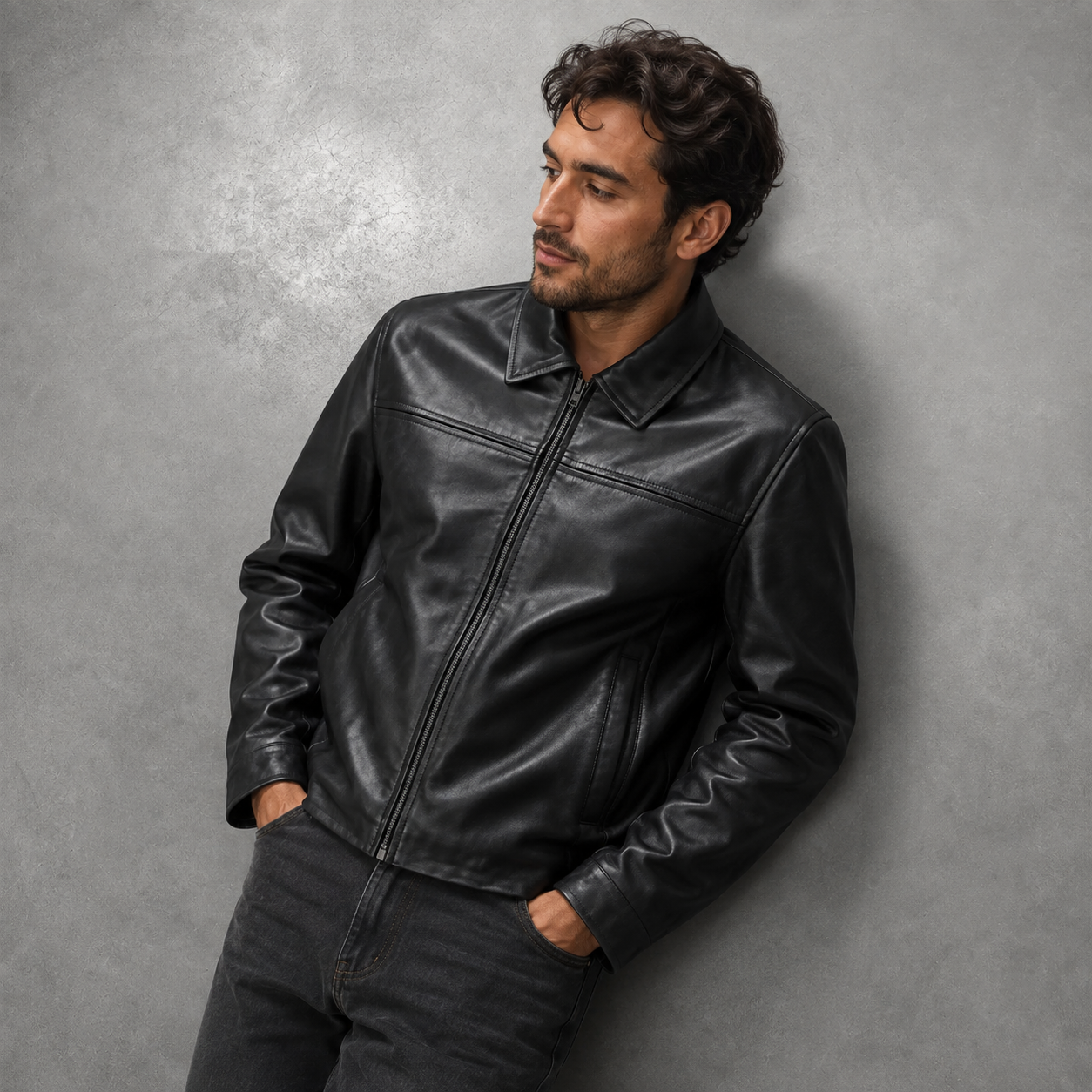 Men’s Black Cowhide Leather Jacket with Shirt Collar