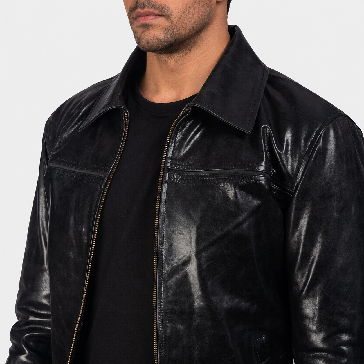 Men’s Black Cowhide Leather Jacket with Shirt Collar