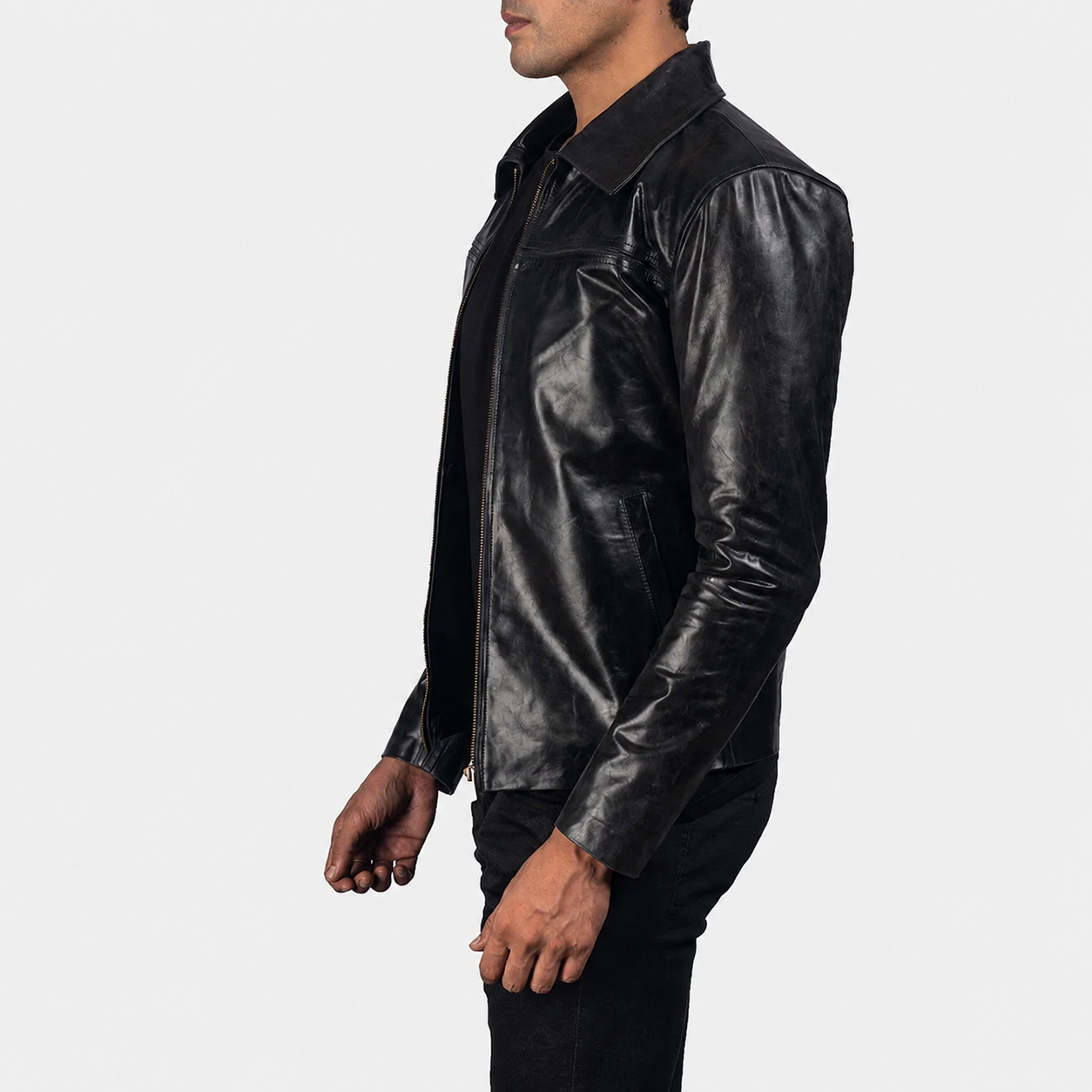 Men’s Black Cowhide Leather Jacket with Shirt Collar